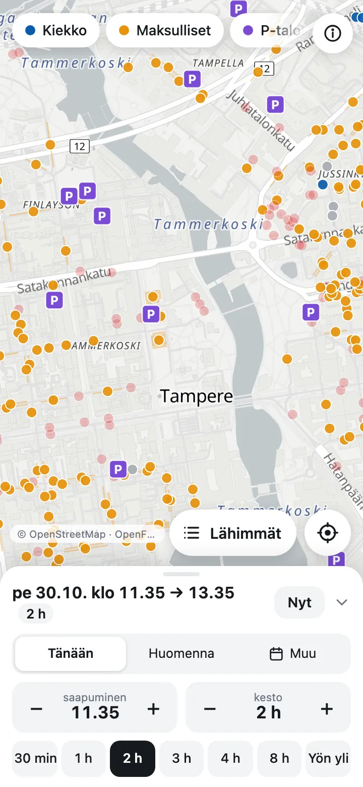 The map on a phone around the city centre, with paid, disc and garage parking and the time picker at the bottom.