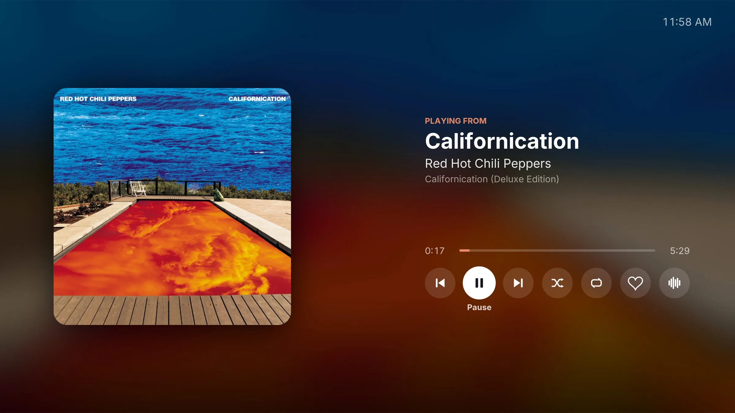 Now Playing: the album cover, the song and album, a progress bar and the playback, shuffle, repeat, like and visualizer buttons, over a backdrop in the album's colours.