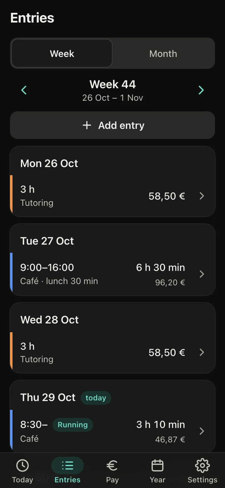 A week of entries for two jobs, with today's shift still running.