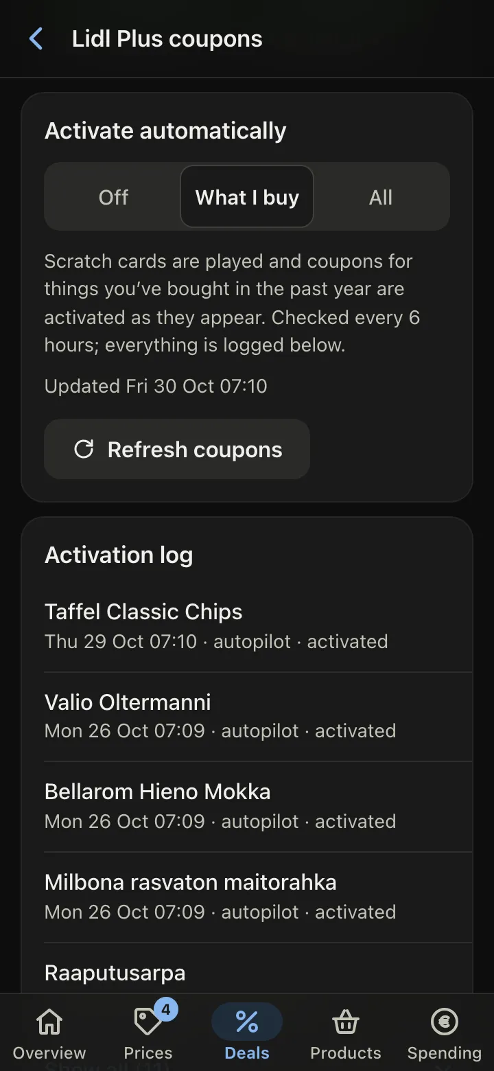 The coupon autopilot set to activate coupons for what you buy, and its activation log.